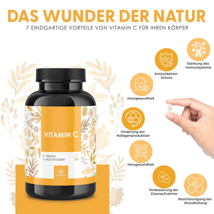 NATURALKRAFT® Vitamina C Premium 1000 mg Dose Giornaliera con Polvere di Fosfolipidi di Girasole ed Estratto di Rosa Canina – 180 Capsule Vegane – Biodisponibilità Migliorata, Testato in Laboratorio e Senza Additivi