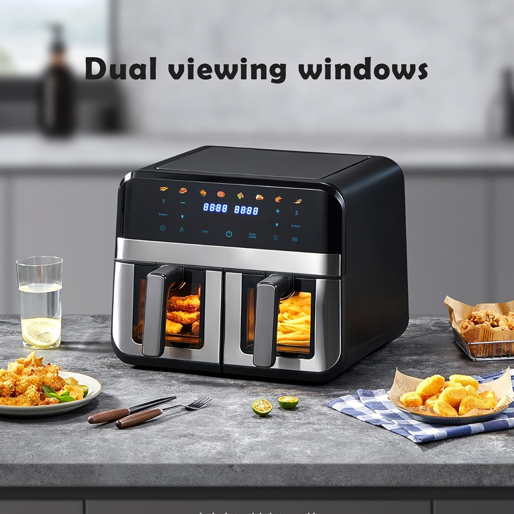 Friggitrice ad Aria Doppia da 9L con Finestra Visiva, 8 Preimpostazioni di Cottura, Touch Screen, Display LED, Friggitrice Digitale a Doppia Zona con Ricettario, Timer e Controllo della Temperatura, Antiaderente