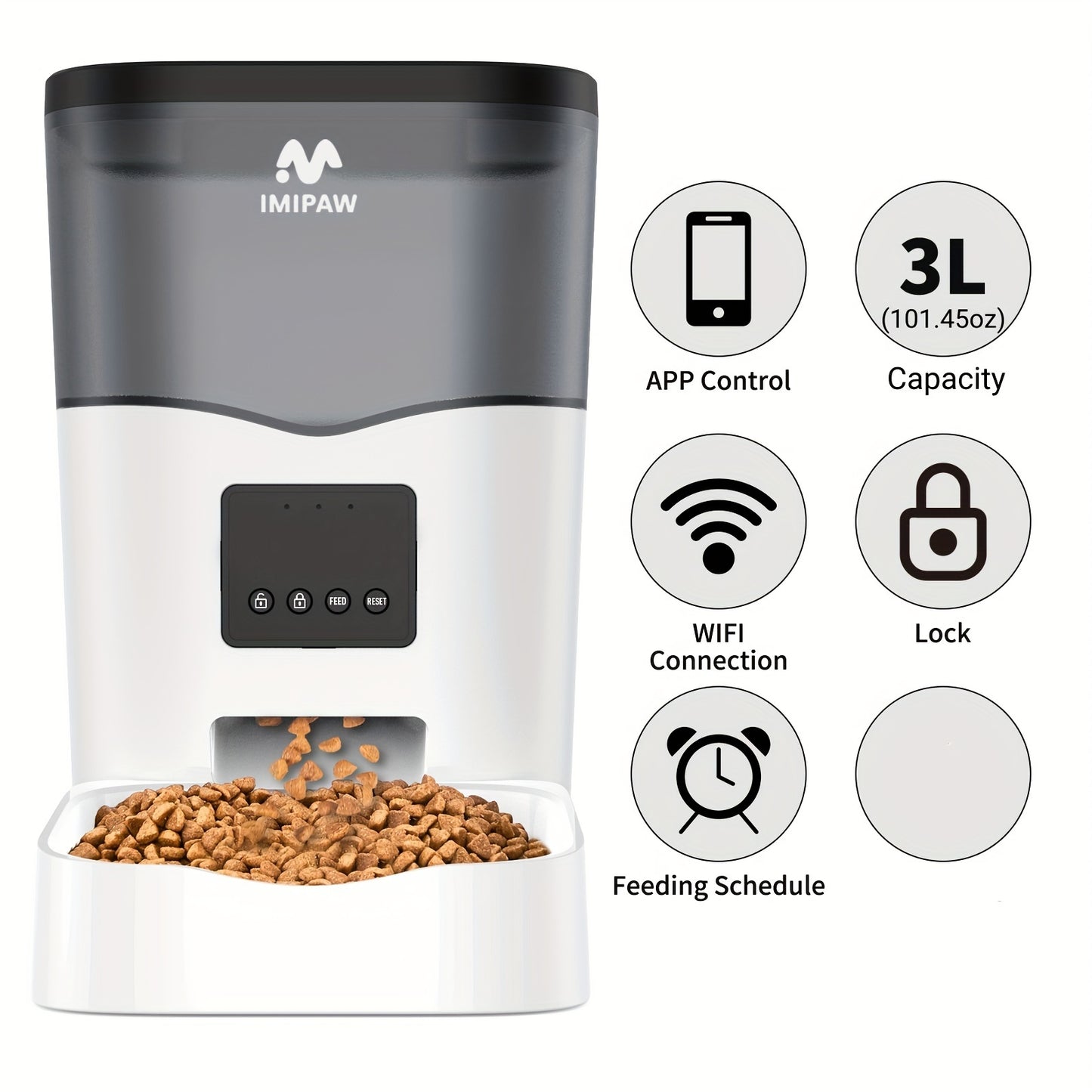 IMIPAW 3L Distributore Automatico di Cibo per Animali Domestici Smart WiFi - Dispenser di Cibo per Gatti e Cani con Controllo App, Fino a 20 Pasti al Giorno, Alimentato tramite USB, Senza Batteria