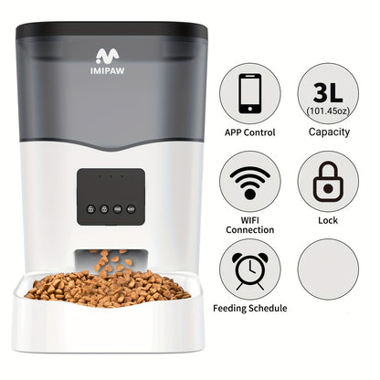IMIPAW 3L Distributore Automatico di Cibo per Animali Domestici Smart WiFi - Dispenser di Cibo per Gatti e Cani con Controllo App, Fino a 20 Pasti al Giorno, Alimentato tramite USB, Senza Batteria