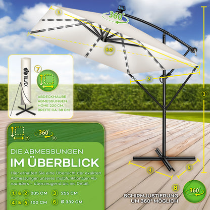Tillvex® Tenda da Sole Rettangolare in Alluminio con LED Solare Ø 330 Cm + Copertura con Manovella | Ombrello Angolare con Luce Stradale, Supporto e Parabrezza | Grande Ombrello da Giardino in Alluminio con Protezione UV | Ombrello con Manovella, Ombrello