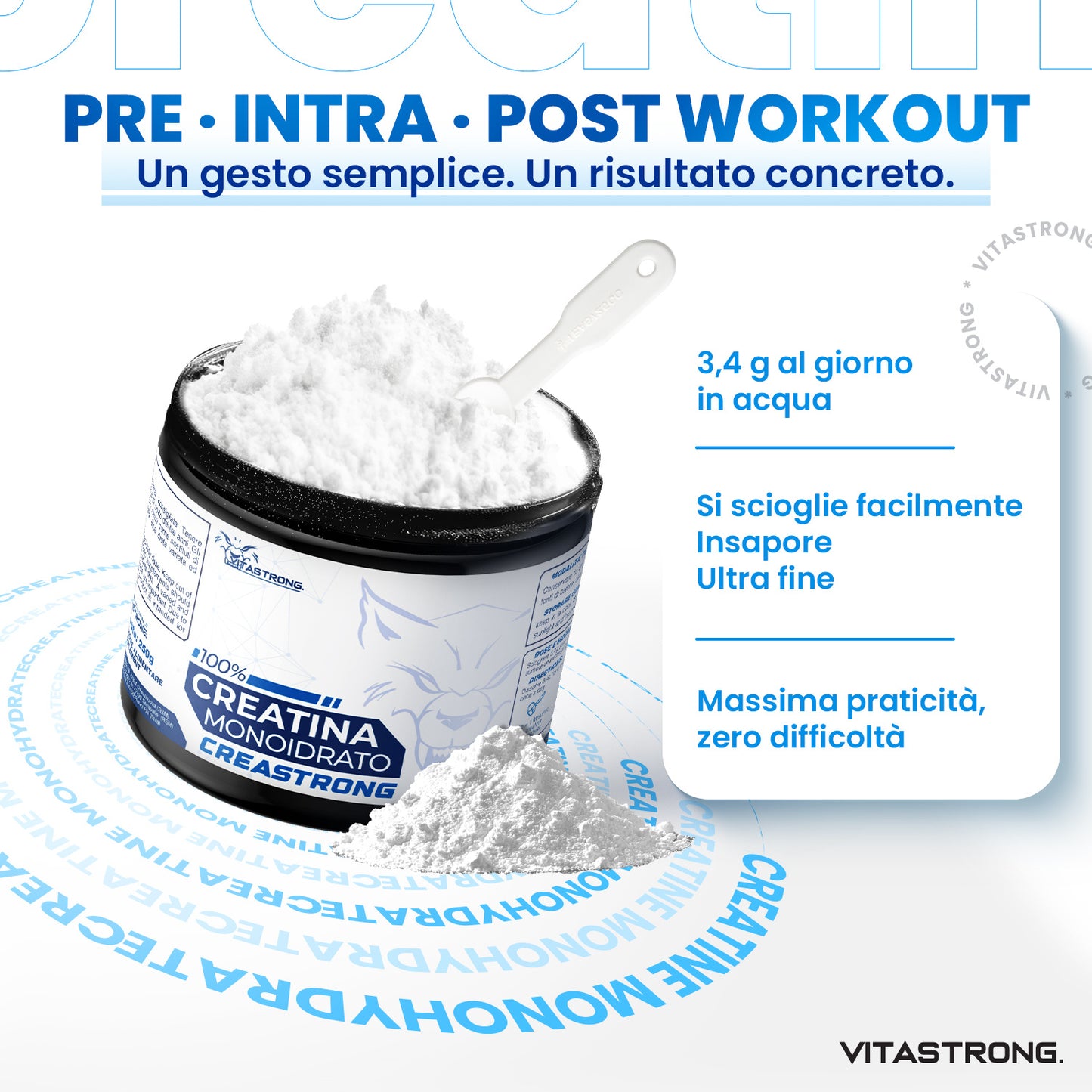 Creatina Monoidrata 3000 mg CreaStrong, Creatina in Polvere Senza Additivi, Creatina Vitastrong 250 g Solubile