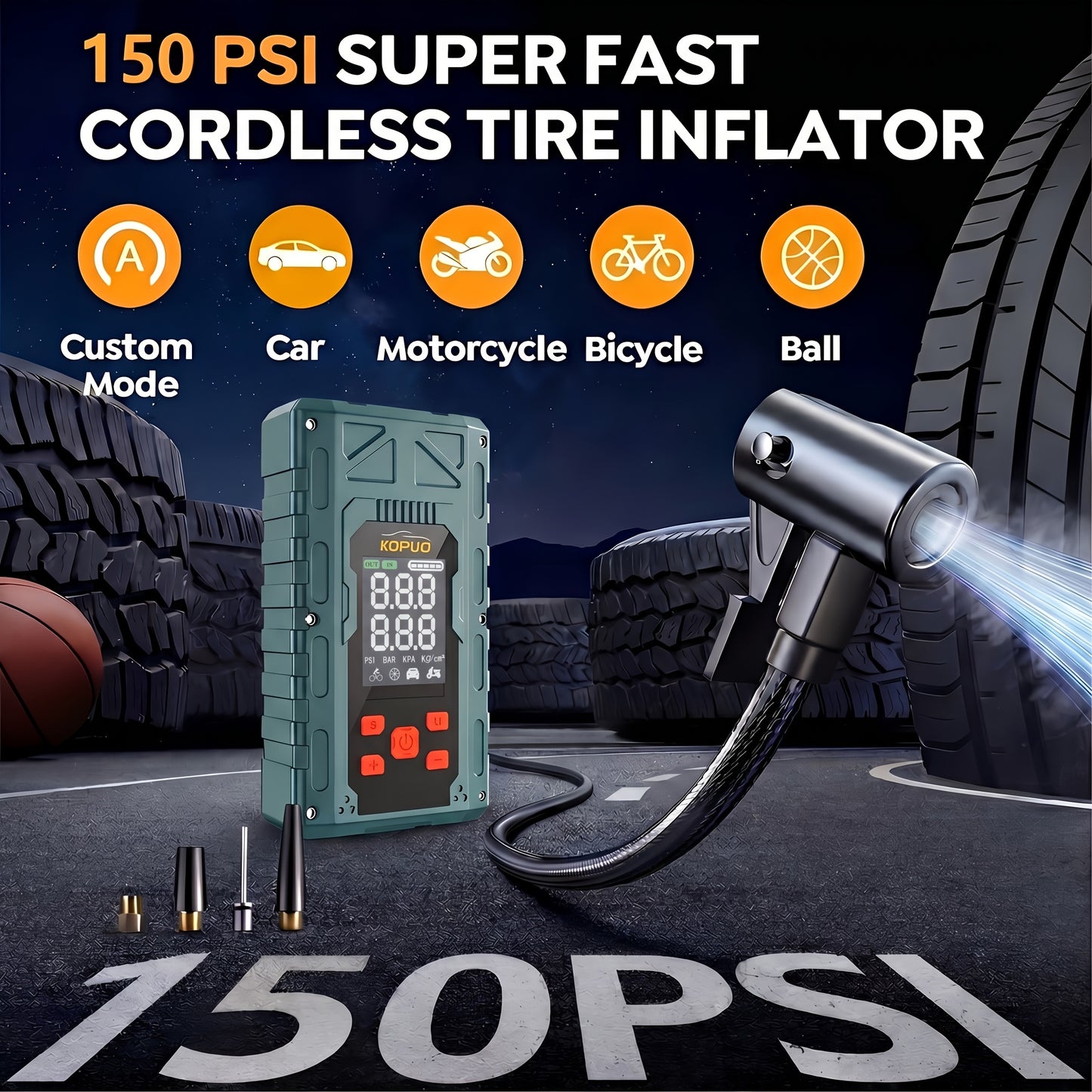 KOPUO 8000A Avviatore di emergenza per auto con compressore d'aria 150PSI, Booster di batteria di emergenza 12V con martello di sicurezza, fino a motore a benzina da 10L/diesel da 8.0L, Power bank 9-in-1 con display LCD e luce di emergenza LED
