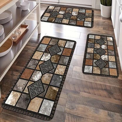 Set 3 tappetini antiscivolo stile rustico, adatti per bagno, soggiorno - Morbidi e spessi con retro in plastica, pietra geometrica classica, arredo country vintage, protezioni lavabili a mano