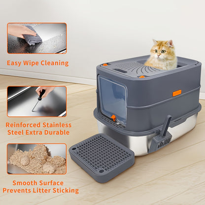 Lettiera per gatti extra large in acciaio inossidabile con coperchio - Misura XL, sponde alte, a prova di perdite, design facile da pulire, include paletta - Adatta per più gatti e razze di grandi dimensioni