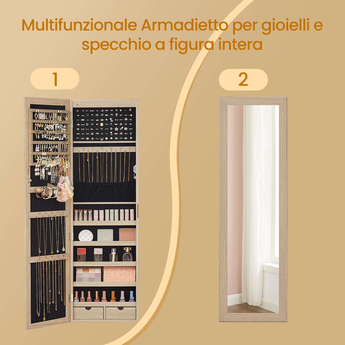 Armadietto Portagioie da Parete o Porta, con Specchio e 6 Lampadine LED, Serratura