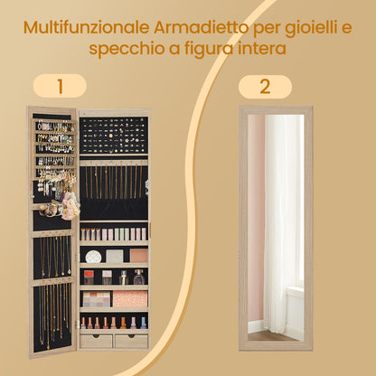 Armadietto Portagioie da Parete o Porta, con Specchio e 6 Lampadine LED, Serratura