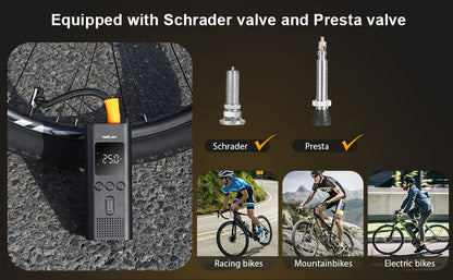 Tavaler Pompa Elettrica per Bicicletta, 150 PSI Pompa Portatile a Batteria per Bicicletta/Auto, Pompa Elettrica Ricaricabile per Biciclette, Compressore a Batteria per Biciclette, Motociclette e Auto, Accessorio Essenziale per Viaggi su Strada
