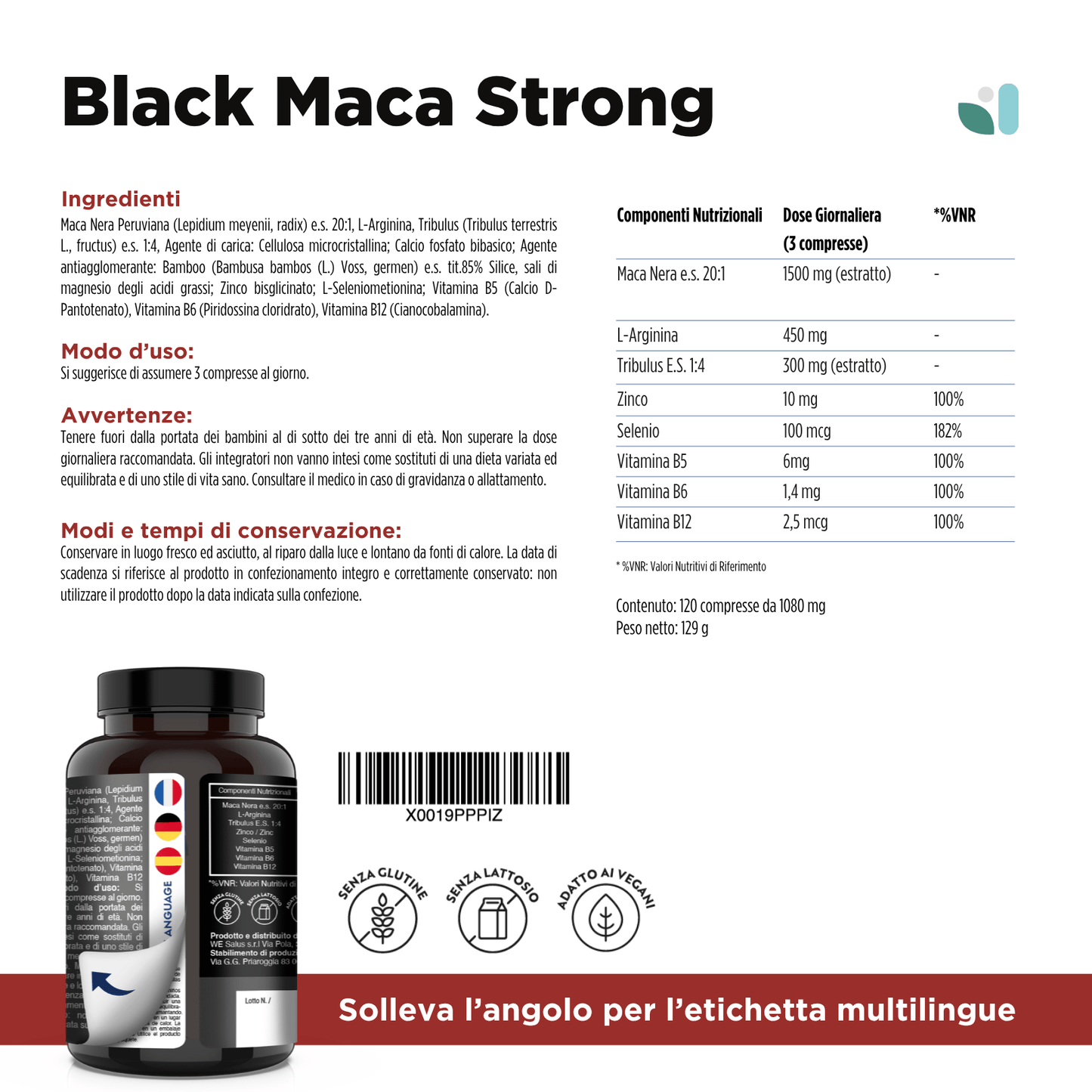 Maca Peruviana Nera Estratto Puro 20:1, 30.000 mg + Tribulus Terrestris + Arginina + Zinco | Black Maca Strong | Made In Italy | Maca Wesalys