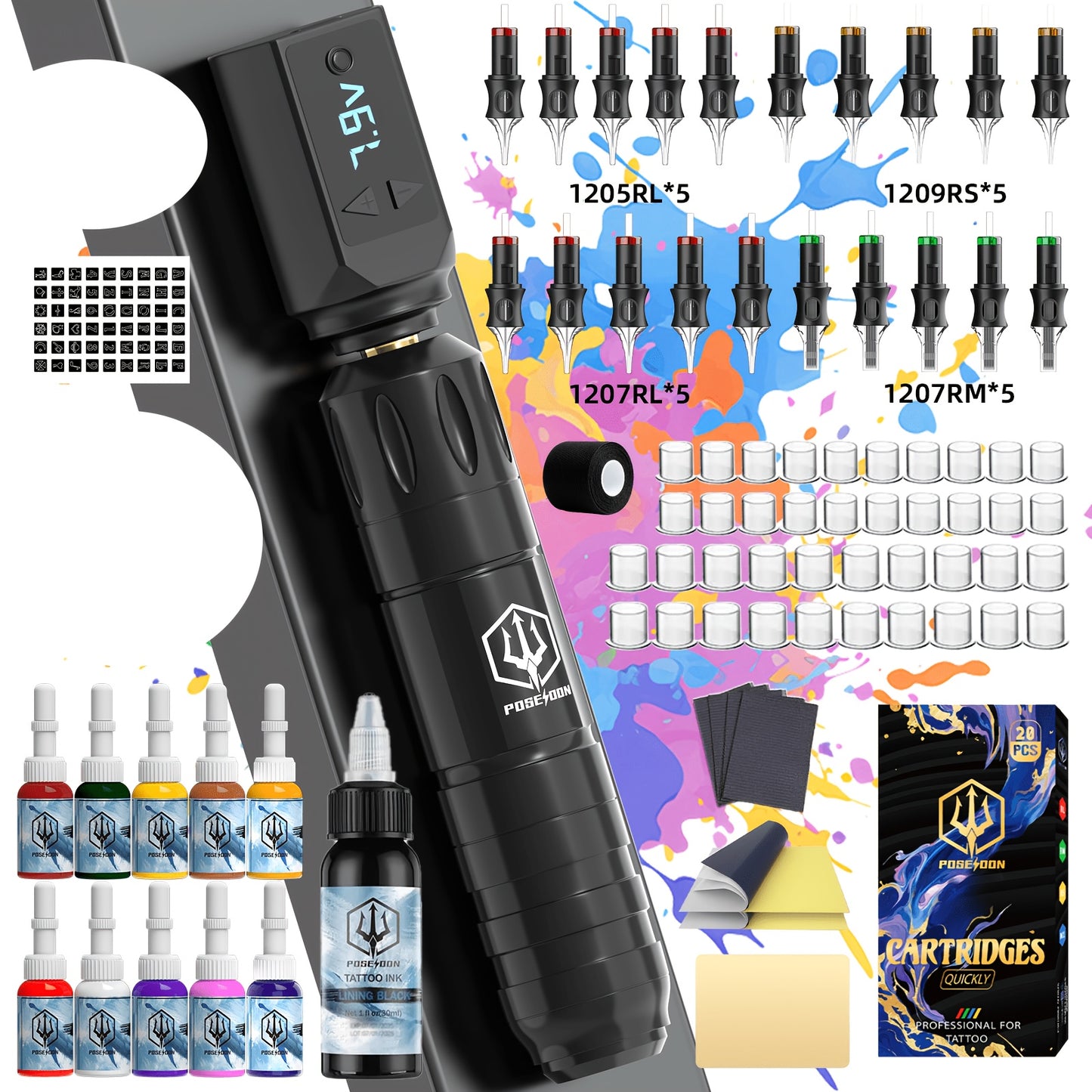 POSEIDON Set Penna per Tatuaggi Wireless, Include una Pistola per Tatuaggi, Alimentatore e 20 Aghi per Cartucce per Tatuaggi, un Kit Completo per Tatuatori