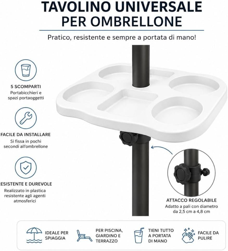 Cecaro Group Tavolino Porta Oggetti per Ombrellone 35x35 cm – Tavolo Universale con Morsetto Regolabile 22-40 mm – Ideale per Mare, Spiaggia, Giardino e Piscina