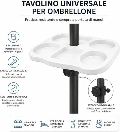Cecaro Group Tavolino Porta Oggetti per Ombrellone 35x35 cm – Tavolo Universale con Morsetto Regolabile 22-40 mm – Ideale per Mare, Spiaggia, Giardino e Piscina