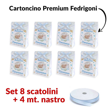 Set 8 Scatoline Bomboniere personalizzate con nome, Prima Nascita, Baby shower, scatole Portaconfetti + 4 mt. nastro raso, Festa nascita bimbo orsetto blu