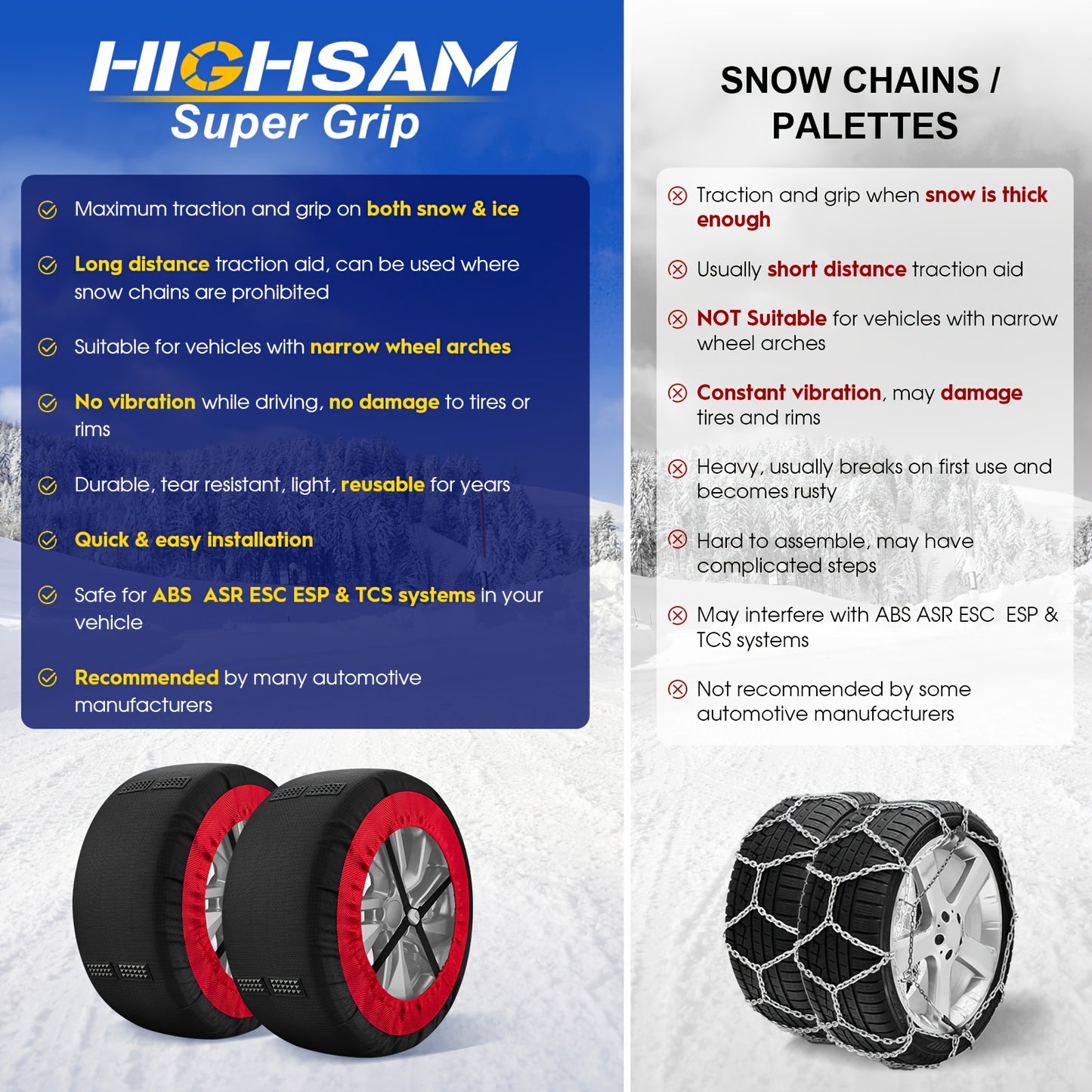 Highsam Super Grip Snow EN 16662-1, Catene da Neve per Auto, 2 Paia di Calze da Neve in Tessuto Lavabili per Pneumatici di Camion e Auto