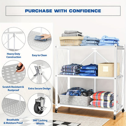 Scaffale pieghevole a 3 ripiani con ruote, scaffalatura pieghevole in metallo, carrello con ruote per riporre libri, scaffalatura pieghevole in metallo per dispensa e armadio, organizer per ufficio - Bianco/Nero