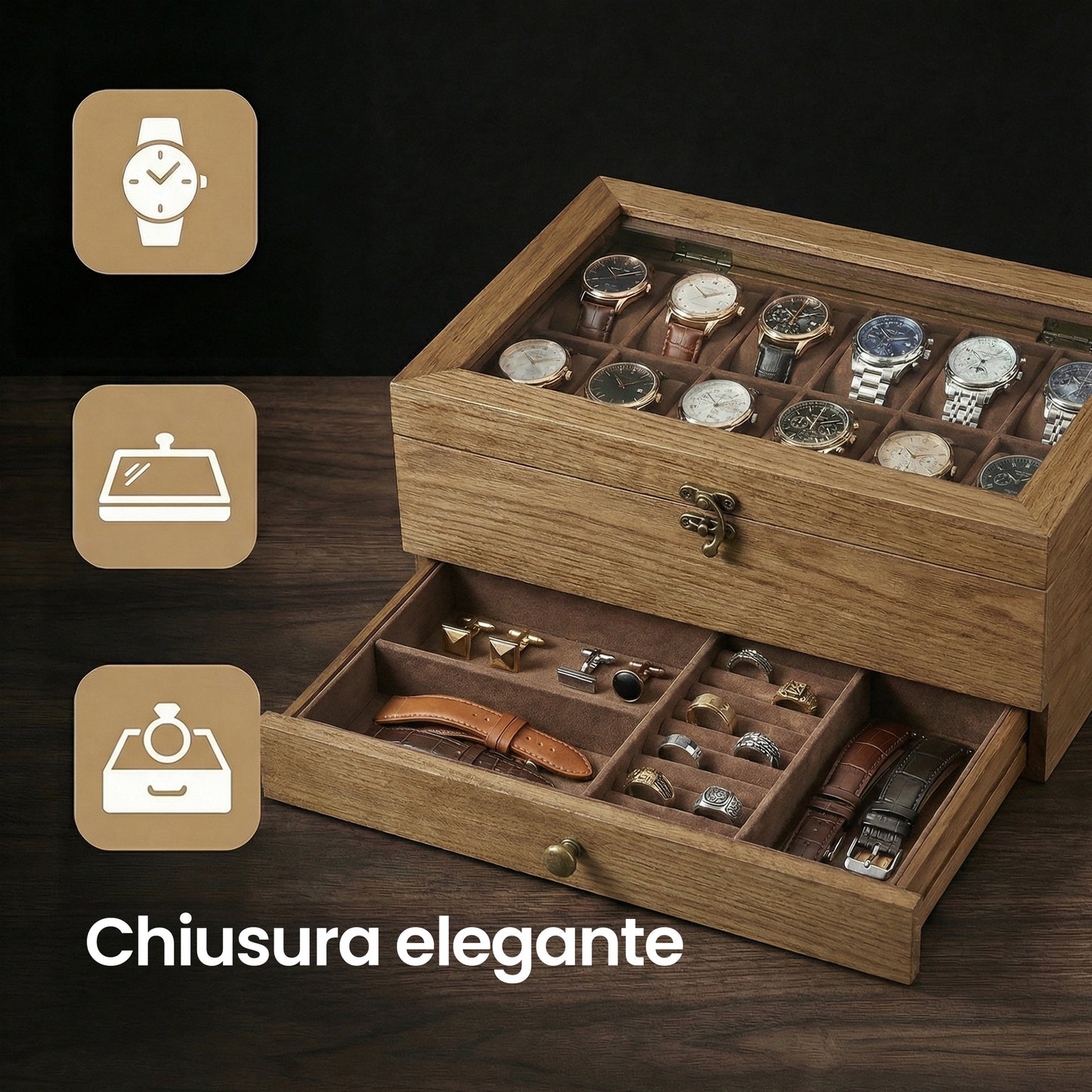 Scatola per Orologi, Porta Orologi in Legno, Scatola Portaorologi a 2 Livelli, 12 Posti, con Coperchio in Vetro, Cuscinetti per Orologi, Rivestimento in Velluto, scatola di conservazione a grande capacità per la casa, scelta ideale per i regali, scomparti