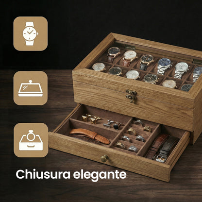 Scatola per Orologi, Porta Orologi in Legno, Scatola Portaorologi a 2 Livelli, 12 Posti, con Coperchio in Vetro, Cuscinetti per Orologi, Rivestimento in Velluto, scatola di conservazione a grande capacità per la casa, scelta ideale per i regali, scomparti