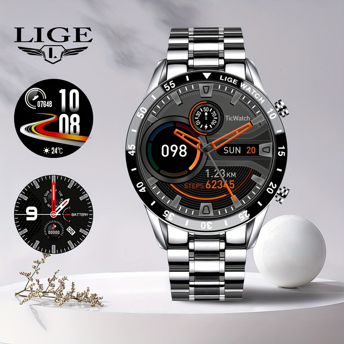Orologio Intelligente LIGE con Schermo Touch Completo da 3,53 cm. Funzione di Controllo Musicale/Avviso Informazioni Chiamate/Conteggio Calorie. Orologi da Polso Sportivi Multifunzionali per Esterni per Android e iPhone. Adatto per Regali a Uomini