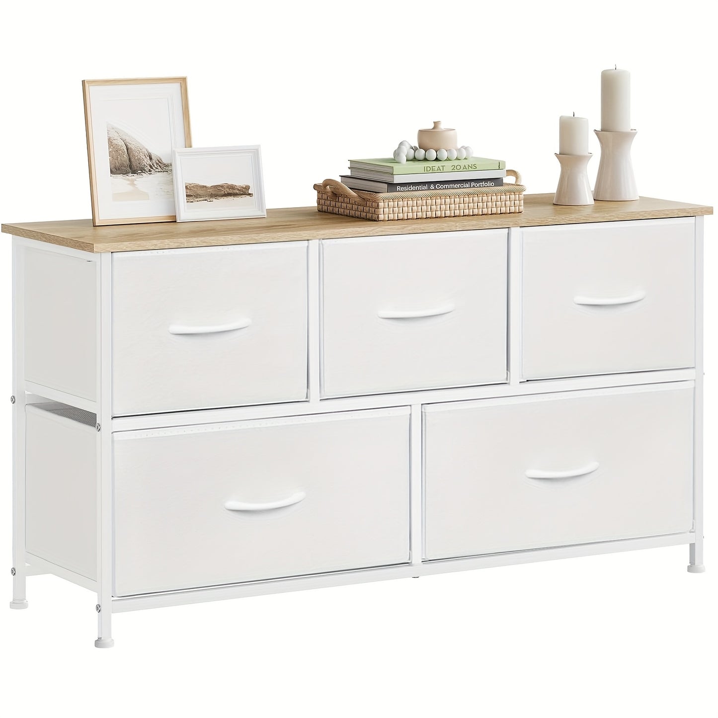 1 pz Cassettiera, Mobile a Cassetti, Telaio in Metallo, Realizzata in Legno, 5 Cassetti in Tessuto Non Tessuto, Utilizzabile come Comodino, Credenza, Mobile TV, Adatta per Camera da Letto, Soggiorno, Corridoio, Multifunzionale, Contenitore per la Casa, Ca