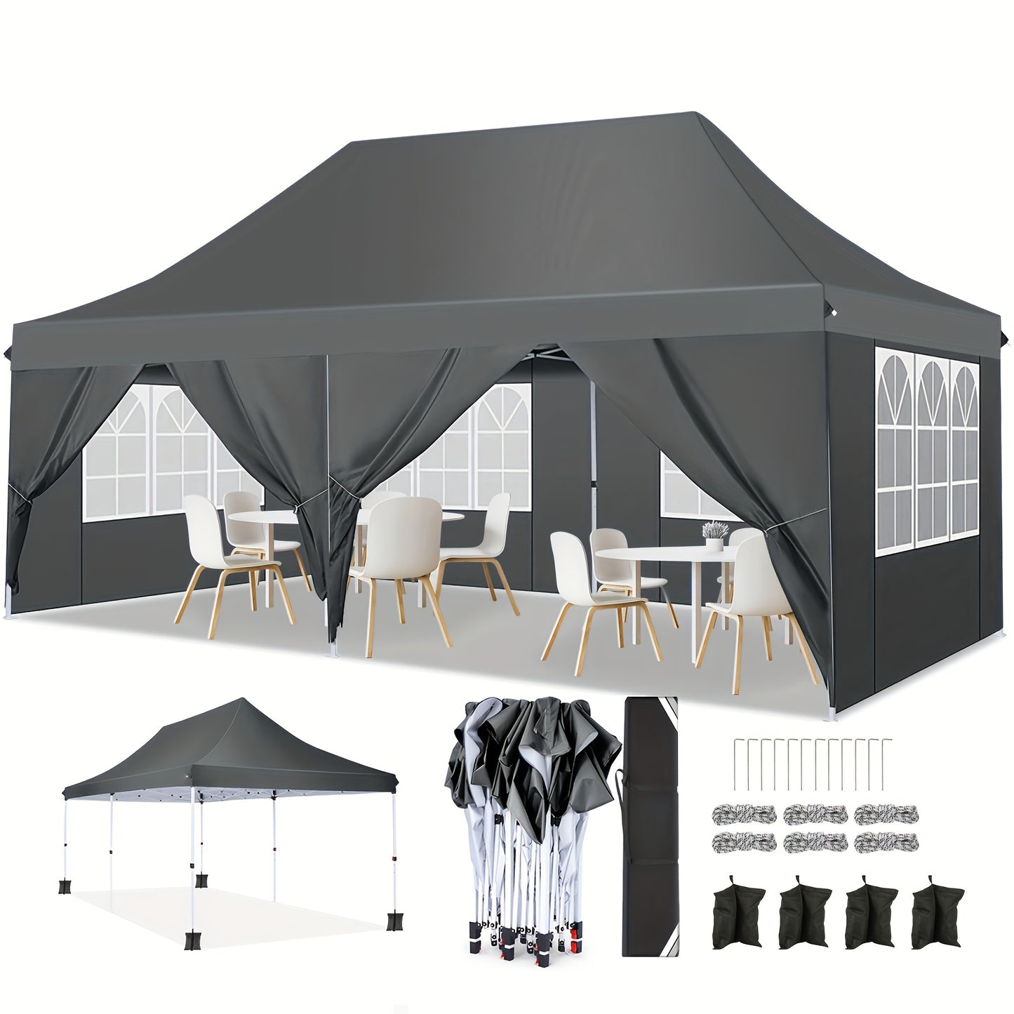 Tenda Pop-Up 3X6M/3.05X3.05M con 6 Pareti Laterali Rimovibili o 4 Pareti Laterali Rimovibili, Disponibile con o Senza Sacchi di Sabbia, Stile, Ideale per Feste, Matrimoni, Gazebo da Giardino per Matrimoni in Spiaggia, Tenda da Campeggio Istantanea, Tetto