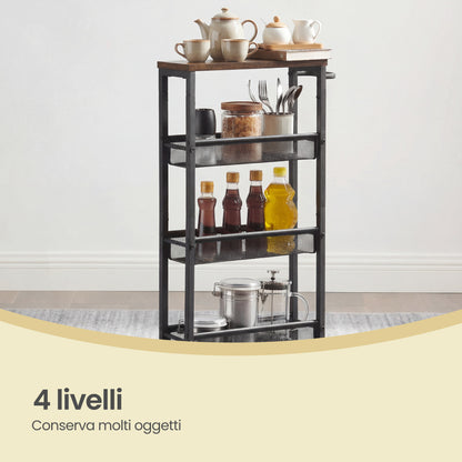 Carrello multiuso con rotelle, design sottile, si inserisce perfettamente negli spazi della cucina. Adatto per l'uso vicino alle cappe aspiranti, nei bagni e accanto ai frigoriferi.