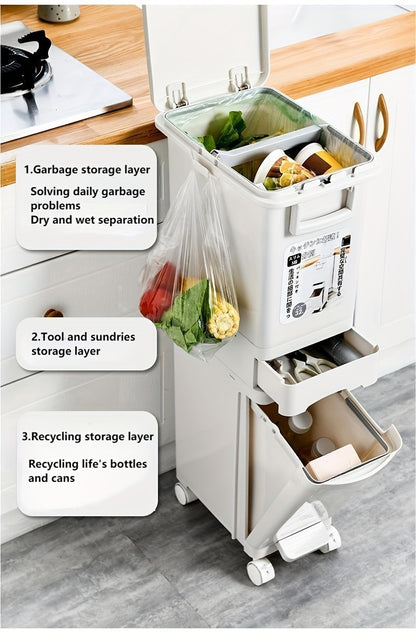Pattumiera stretta da cucina da 32L con coperchio, raccolta differenziata con divisorio o doppi contenitori interni, a pedale per separazione di rifiuti asciutti e umidi, contenitore per rifiuti in plastica salvaspazio per cucina e bagno