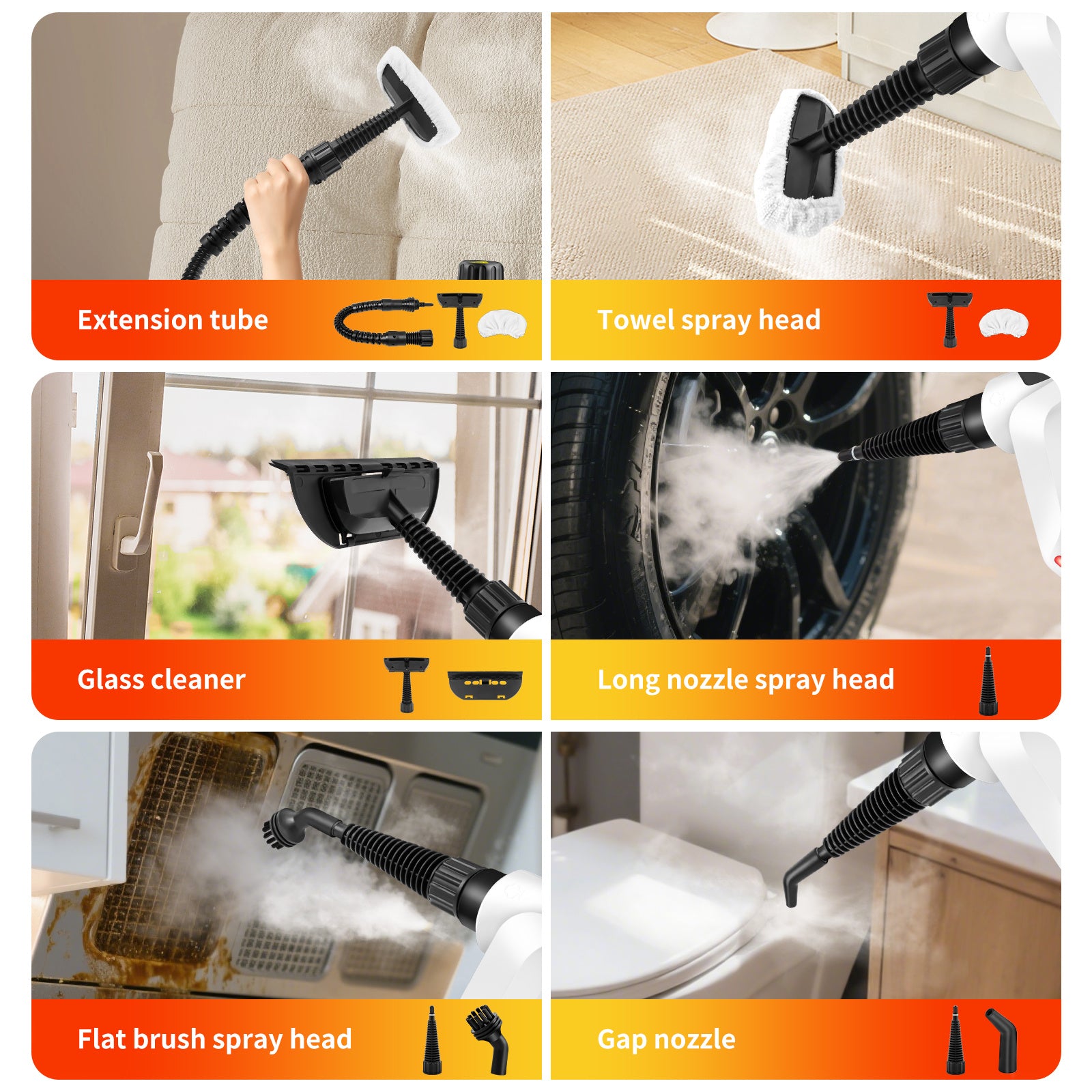 Pulitore a Vapore ad Alta Pressione per Auto, Macchina Vaporizzante 850W con Cavo di Alimentazione da 2.5m, Pistola a Vapore con Kit di 9 Accessori per la Rimozione di Macchie Multi-Superficie di Divani, Cucine, Piastrelle, Finestre, Tende, Moquette