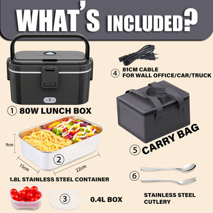 Scatola Pranzo Termica 80W Regolabile, 1,8L per Adulti, Scatola Pranzo Isolata, Portatile per Uso Esterno, con Borsa Termica e Set di Posate, Disponibile per Camion e Auto