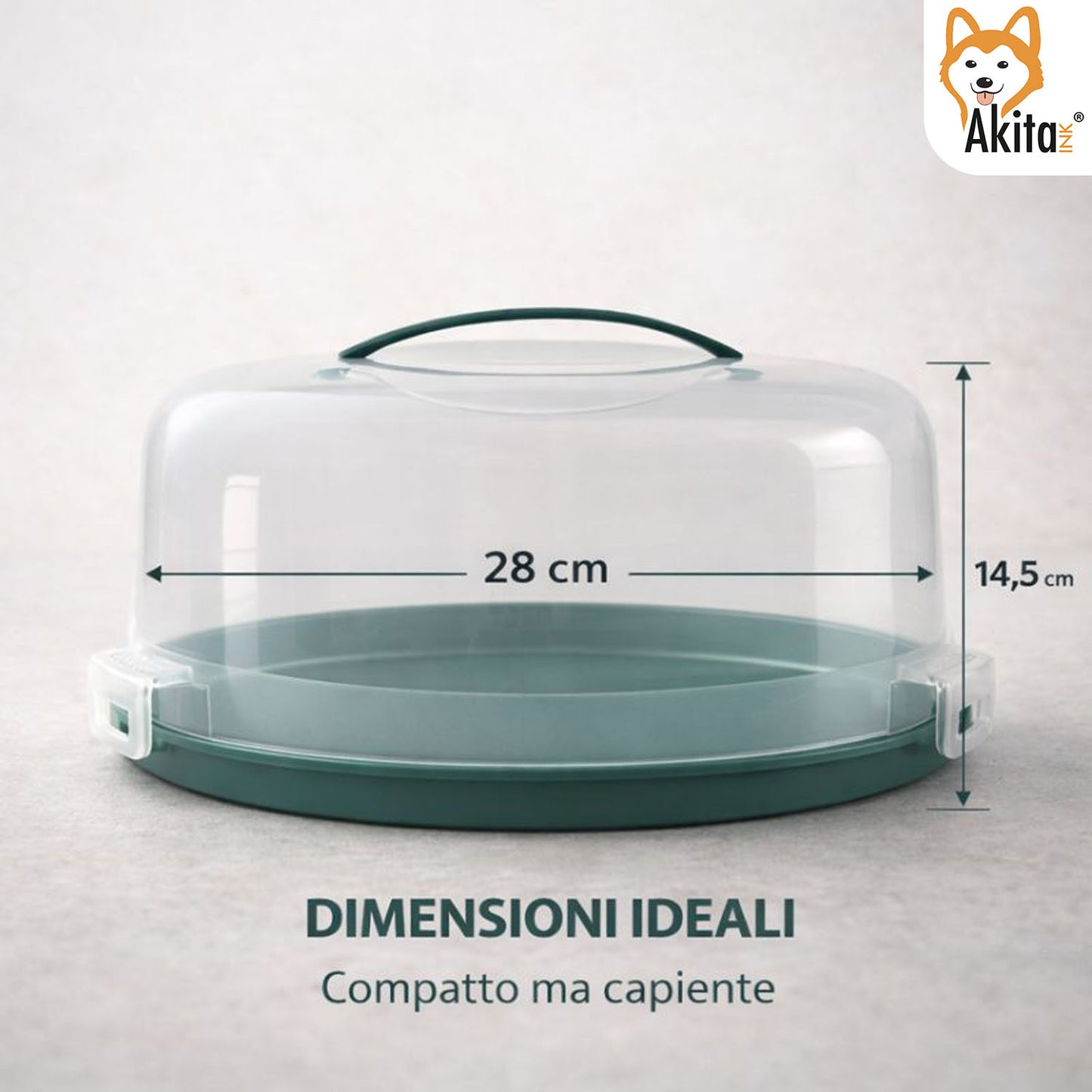 Porta Torta con Coperchio e Manico 28 cm - Campana Trasparente con 3 Chiusure di Sicurezza, Base Verde con Scomparti Portamuffin, H 15
