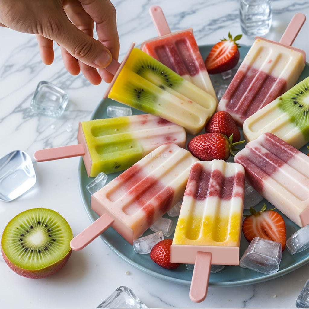 Kuketo - Set Gelati 8 Pezzi per Casa - Set con Inserto e Bastoncini Riutilizzabili, Stampo per Fare Gelati, Sorbetti, Snack, per Congelare Succhi, Yogurt e Latte, con Coperture e Supporto, Materiale Sicuro, Facile Rimozione, Ideale per Bambini e Adulti, S