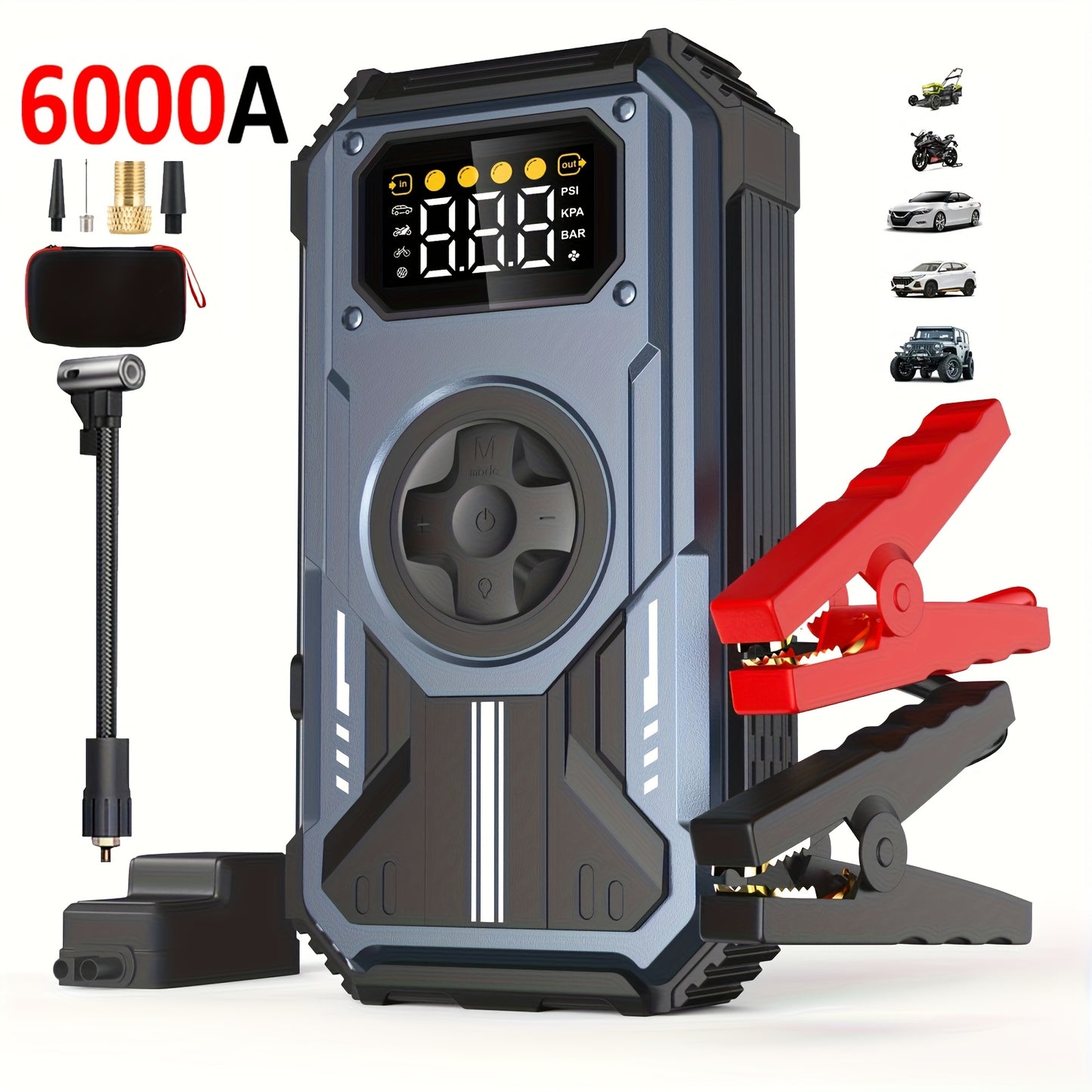 Swarey 12000Mah Avviatore di Emergenza per Auto con Compressore d'Aria, 150PSI 6000A Corrente di Picco Avviatore di Emergenza per Tutti i Motori a Benzina e Diesel da 10.0L, Avviatore di Emergenza con LED