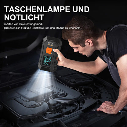 Avviatore di emergenza per auto 8500A con compressore d'aria, pompa di gonfiaggio per pneumatici senza fili, booster per batteria con power bank e torce LED, doppio display della pressione dell'aria