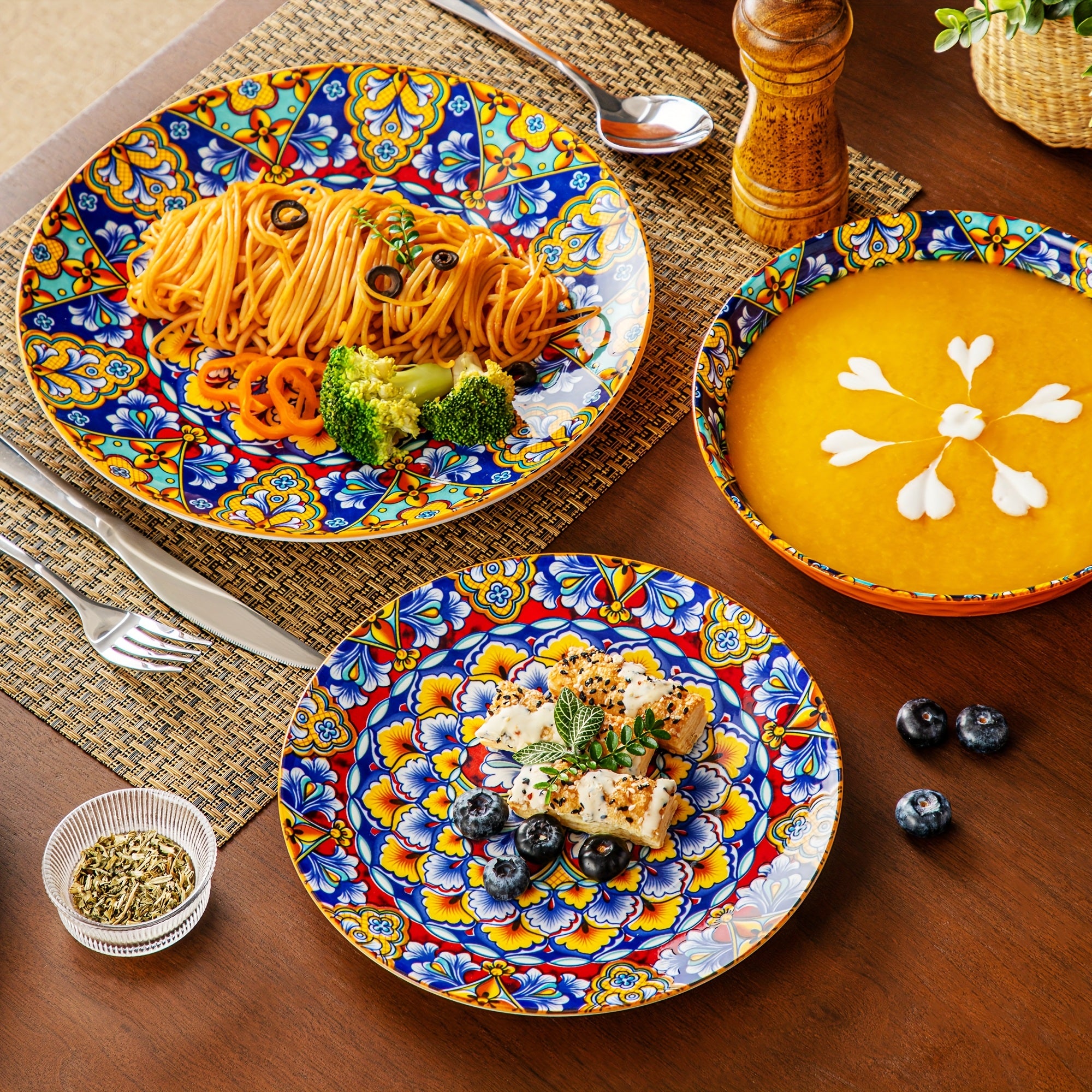 24 Pezzi Set da Tavola in Ceramica Stile Bohémien con Piatti Piani, Piattini e Ciotole per Pasta e Cereali, Servizio per 6 Persone