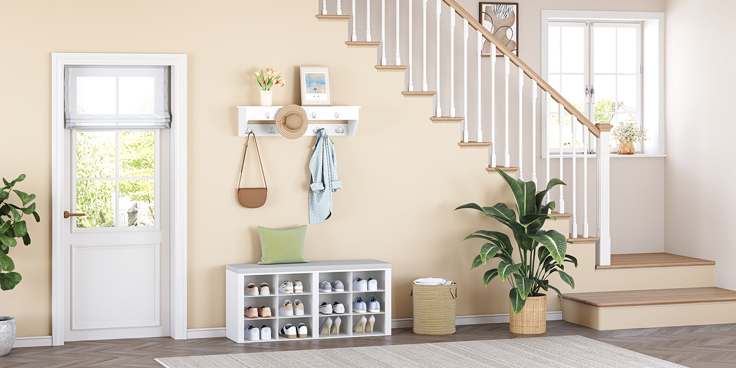 Set scarpiera per armadio, appendiabiti, divanetto scarpe con cuscino, divano d'ingresso, organizzazione e stoccaggio, 30 X 104 X 49 cm, appendiabiti a parete con 9 ganci, camera da letto, area ingresso, bianco e grigio