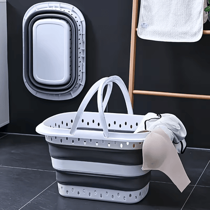 Cesto per il Bucato Retrattile e Pieghevole con Maniglie - 45 Litri - Bianco Grigio