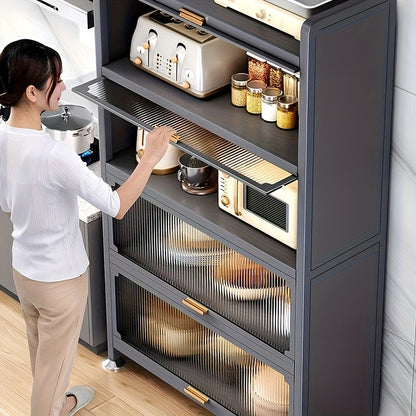 Armadietto da Cucina in Metallo a 5 Livelli con Ante Acriliche, Altezza 144.78 cm - Mobile Autoportante Grigio Scuro con Piedini Regolabili, Soluzione Versatile per Cucina, Sala da Pranzo e Organizzazione, Costruzione Robusta