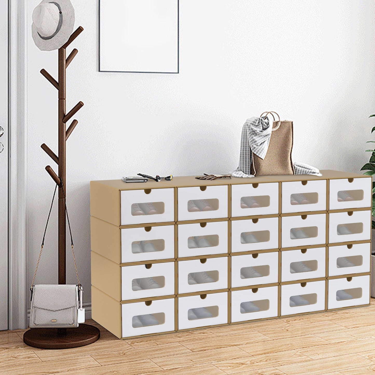 Scatole Rettangolari Impilabili con Cassetto Estraibile e Finestra Trasparente, Organizzatore in Carta Kraft per Scarpe, Abbigliamento e Accessori (10pz/20pz)