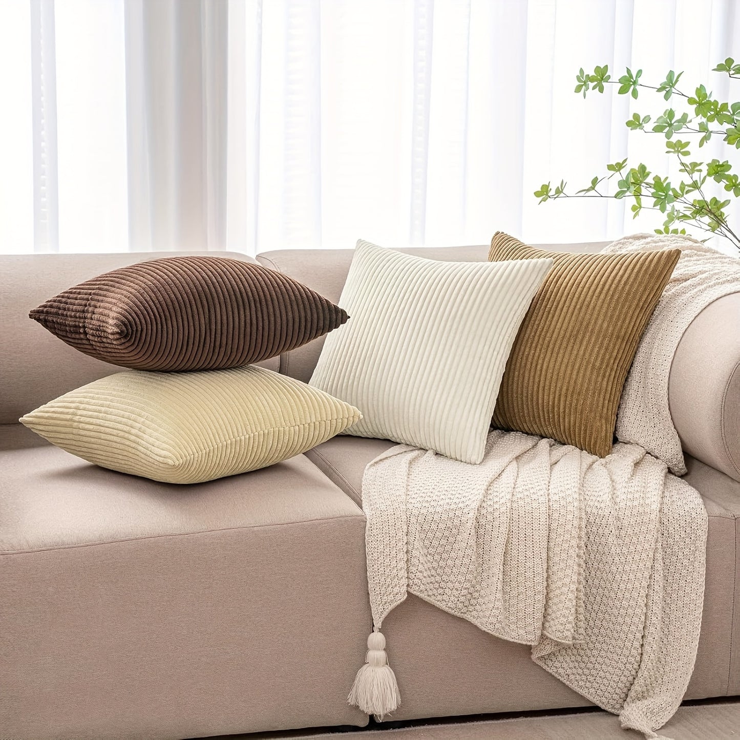 4 Coperture Cuscini Decorativi Morbide a Righe, Stile Bohémien in Velluto a Coste, Copricuscino Quadrato in Velluto a Coste, Copertura Cuscino Moderna e Confortevole per Divano, Soggiorno, da Letto, Arredamento Rustico, Cuscino Interno Non Incluso