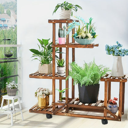 Scaffale per fiori a 6 ripiani di grandi dimensioni con ruote, espositore per vasi da giardino in legno di pino per patio, verande, balconi, interni, esterni, scaffale da terra, scaffale da terra