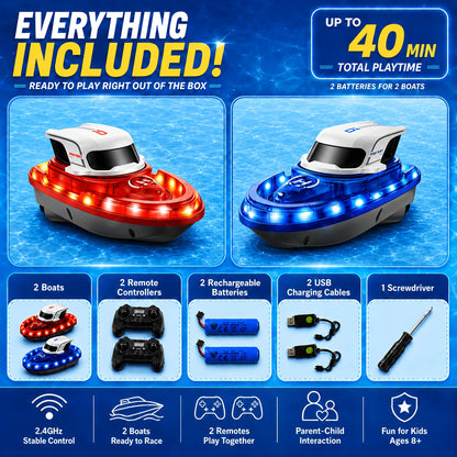 Confezione da 2 barche RC per bambini 8-12 anni, barche da corsa per piscina con 2 telecomandi, spruzzo d'acqua e 7 modalità di illuminazione a LED, giocattolo estivo da esterno a 2.4Ghz, idea regalo