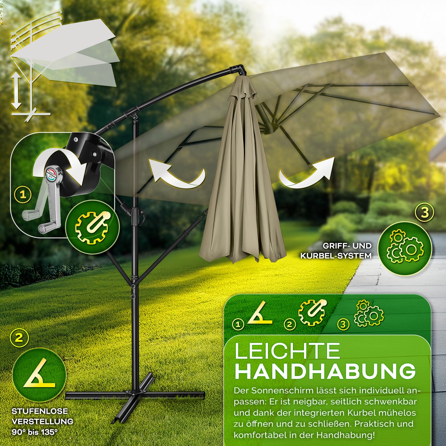 Tillvex® Parasole Rettangolare in Alluminio Ø 330 Cm + Copertura con Manovella | Schermo Angolare a Luce Rossa con Supporto & Parabrezza | Grande Parasole da Giardino in Alluminio Protezione UV | Schermo con Manovella Impermeabile Girevole a 360° per Terr
