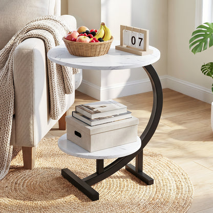 1 Tavolino Laterale a Forma di C, Tavolino Mobile, Tavolino per Laptop, Tavolino per Divano, Design Minimalista Moderno con Motivo Marmo Bianco, Adatto per Divani in Stile Moderno/Industriale, Design Salvaspazio per Piccoli Appartamenti, Ideale per Soggio