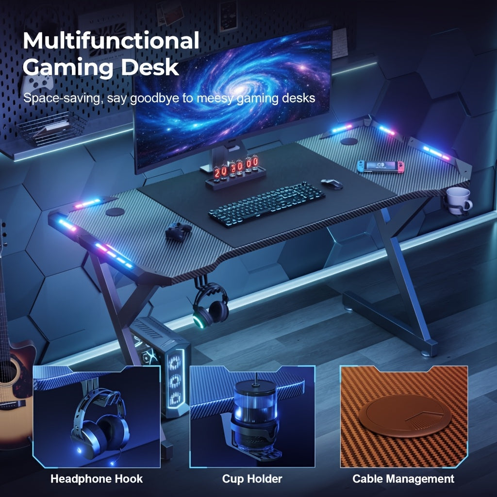 Scrivania da Gaming a Forma di Y con Luci LED RGB, Superficie in Fibra di Carbonio, Tavolo per Computer Ergonomico con Portabicchieri e Gancio per Cuffie, Postazione di Lavoro per Gamer, Ideale per Setup pz in Camera da Letto, Regalo di Natale, Compleanno