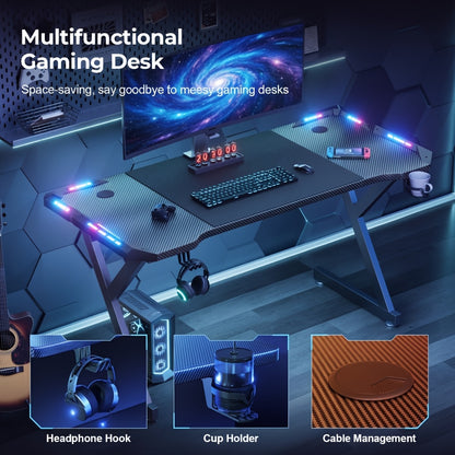 Scrivania da Gaming a Forma di Y con Luci LED RGB, Superficie in Fibra di Carbonio, Tavolo per Computer Ergonomico con Portabicchieri e Gancio per Cuffie, Postazione di Lavoro per Gamer, Ideale per Setup pz in Camera da Letto, Regalo di Natale, Compleanno