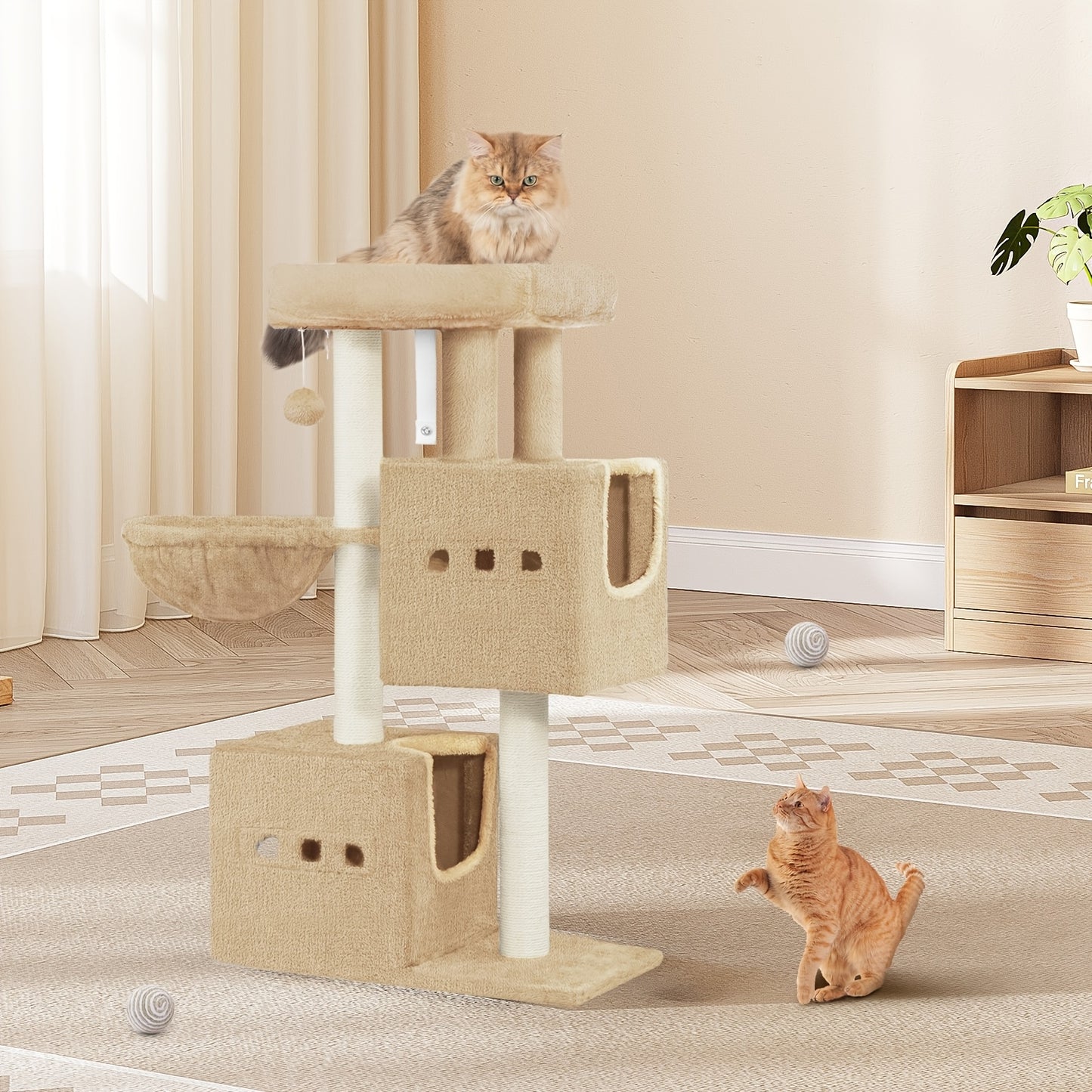 Tiragraffi per gatti, albero da gioco stabile da 98 cm, tiragraffi con ampia area per sdraiarsi, grotta per gatti, pali in sisal, cesto, palline di peluche, albero da gioco per mobili per gatti