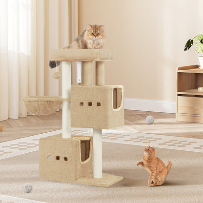 Tiragraffi per gatti, albero da gioco stabile da 98 cm, tiragraffi con ampia area per sdraiarsi, grotta per gatti, pali in sisal, cesto, palline di peluche, albero da gioco per mobili per gatti