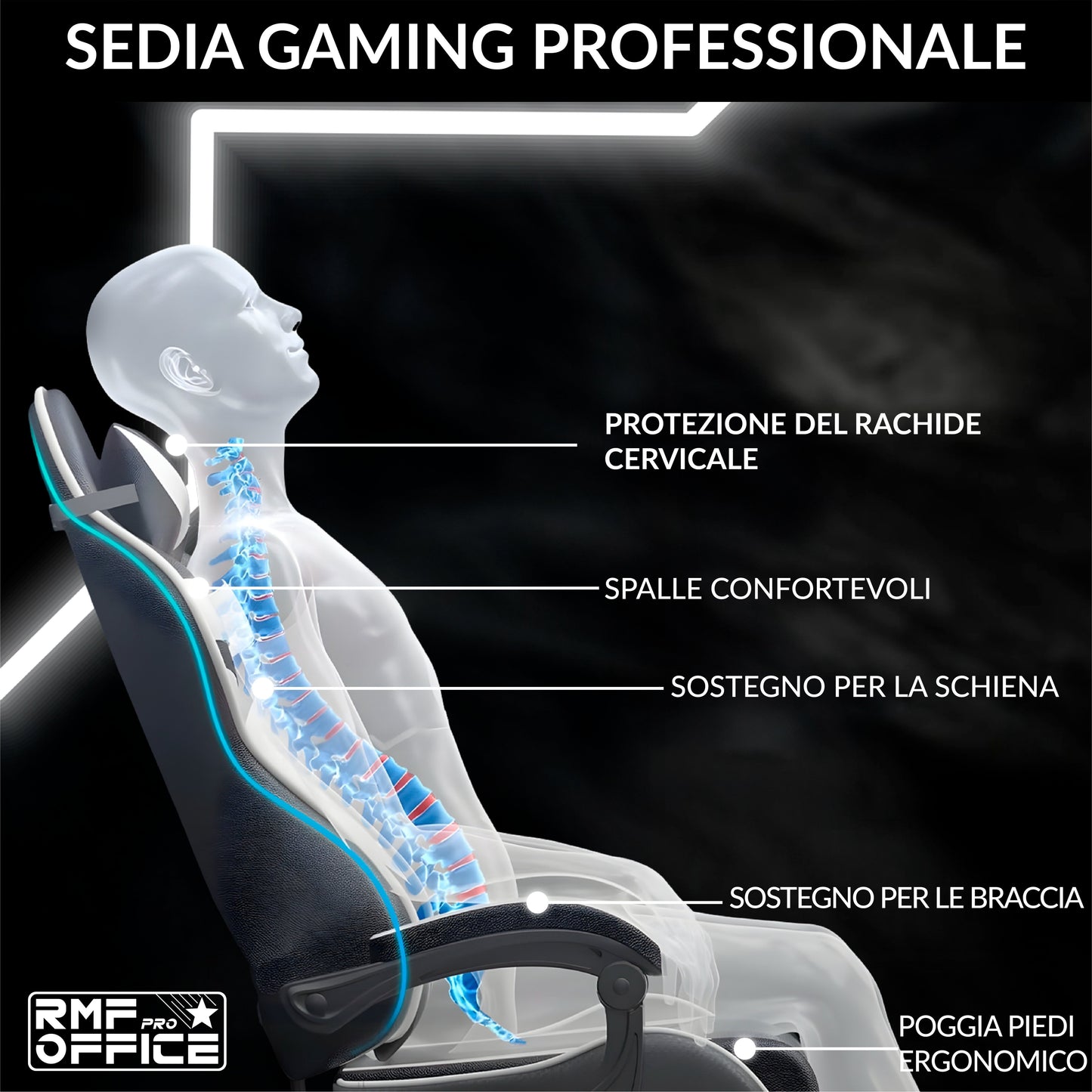 RMF Sedia Gaming Professionale Ergonomica Reclinabile, Poltrona Gaming Seduta Comoda e Rilassante con Poggiapiedi - Sedia per Gamer con Ruote Girevoli, Altezza Regolabile Nero