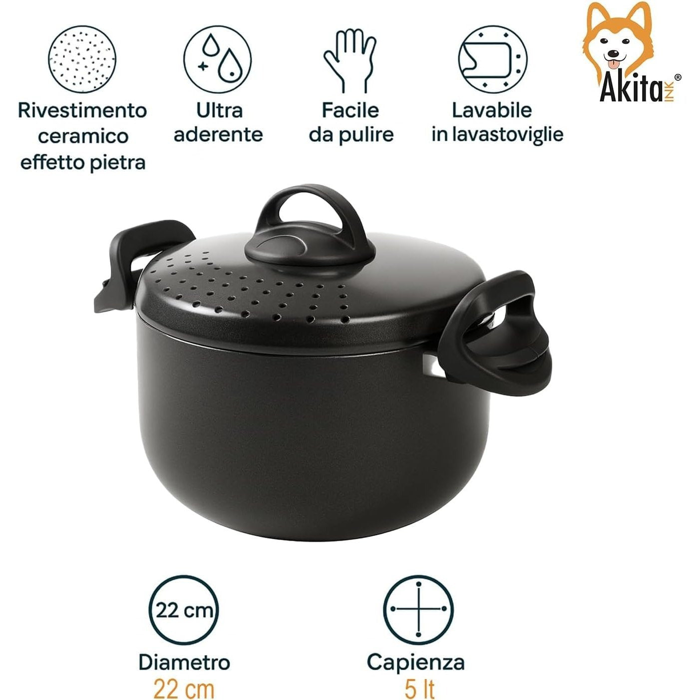 Akitaink Pentola 22cm 5L con Scolapasta Integrato Scoli’ - Pentola Antiaderente in Alluminio con Maniglie Bloccanti, Sicura, Pratica e Facile da Pulire, Scolì Made in Italy