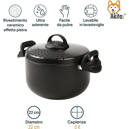 Akitaink Pentola 22cm 5L con Scolapasta Integrato Scoli’ - Pentola Antiaderente in Alluminio con Maniglie Bloccanti, Sicura, Pratica e Facile da Pulire, Scolì Made in Italy