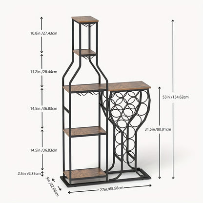 1 pz. Portavino da fornaio a 11 bottiglie, portavino indipendente a 5 livelli con porta bicchieri da vino sospeso e ripiani portaoggetti, bar domestico per la conservazione di liquori e vino per cucina, sala da pranzo